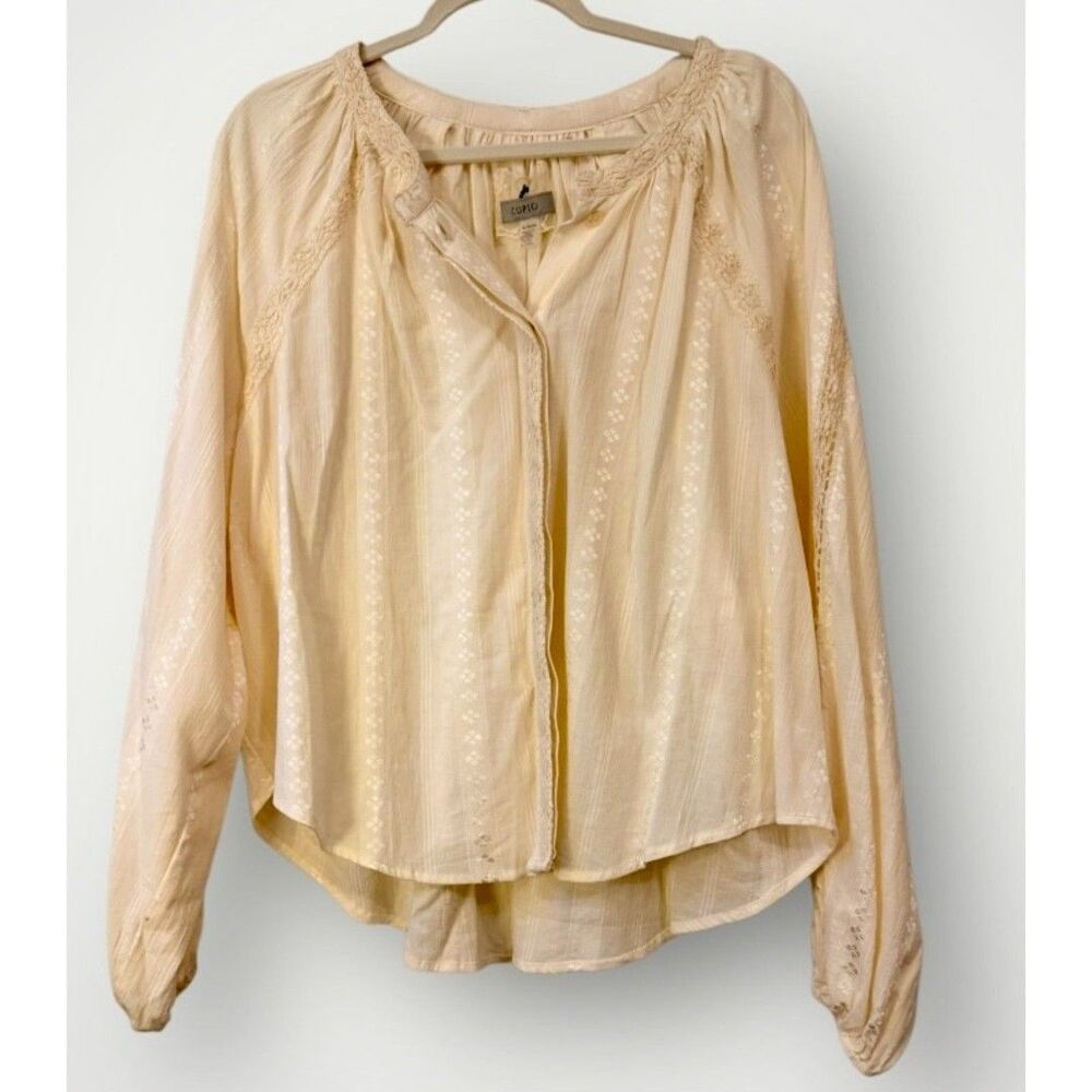 Cupio Blouse Women's XL Butter Cream Button Up Eyelet Cotton New